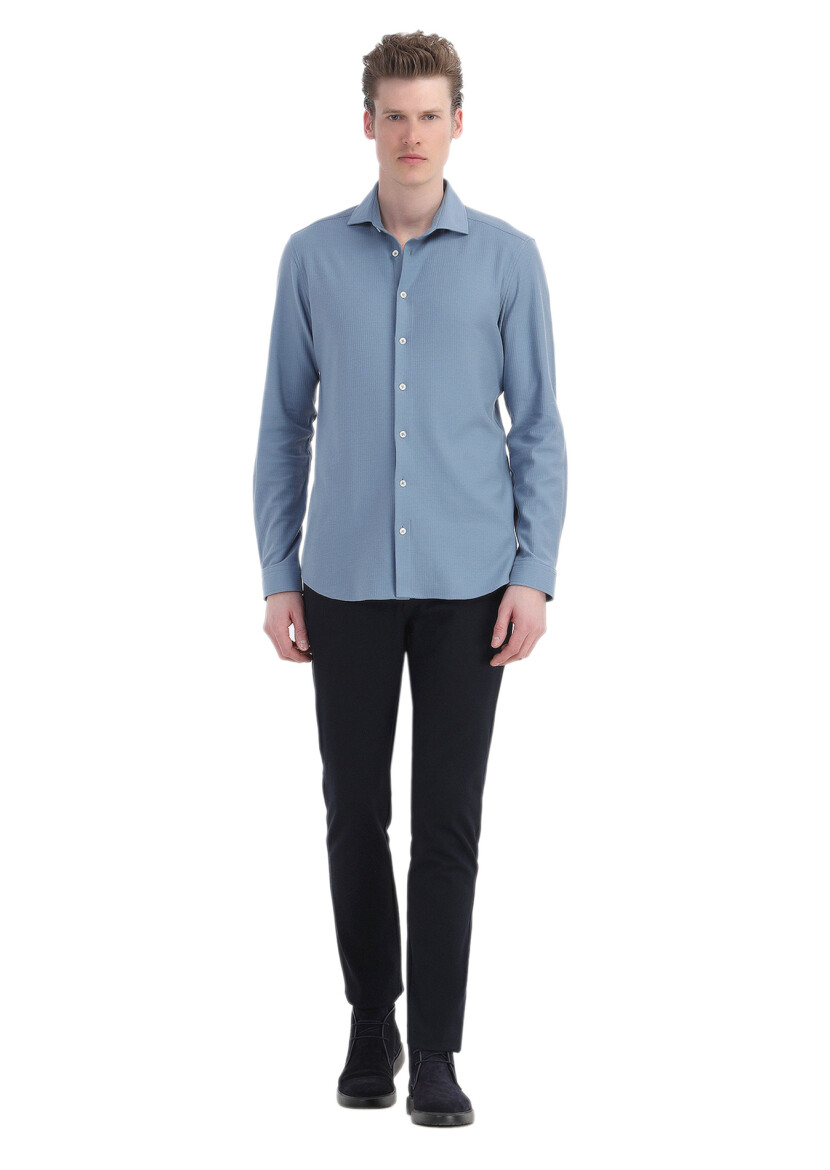 Koyu Mavi Çizgili Regular Fit Uzun Casual %100 Pamuk Gömlek - 2