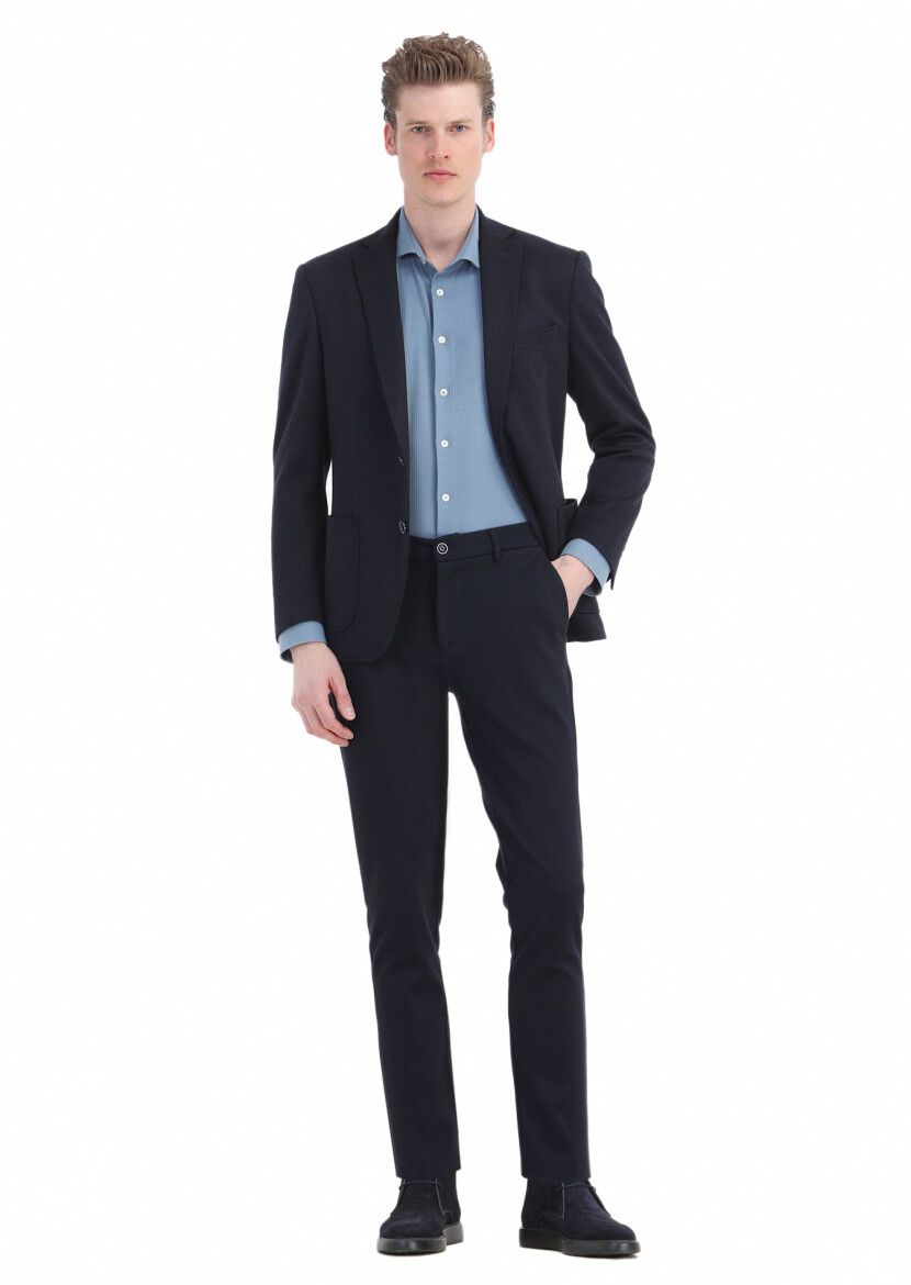 Koyu Mavi Çizgili Regular Fit Uzun Casual %100 Pamuk Gömlek - 4