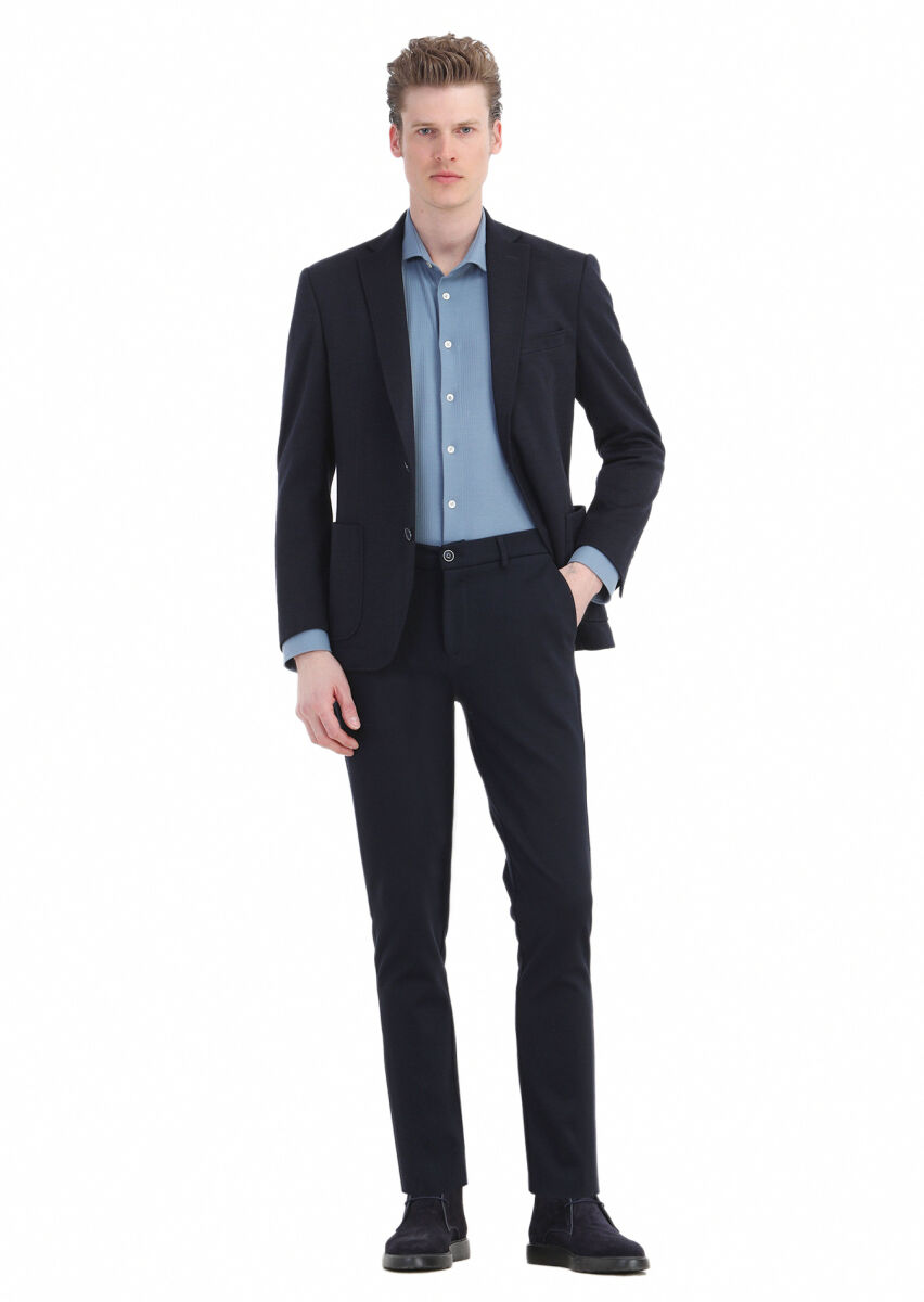 Koyu Mavi Çizgili Regular Fit Uzun Casual %100 Pamuk Gömlek - 4