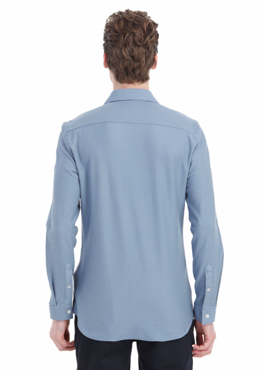 Koyu Mavi Çizgili Regular Fit Uzun Casual %100 Pamuk Gömlek - 6