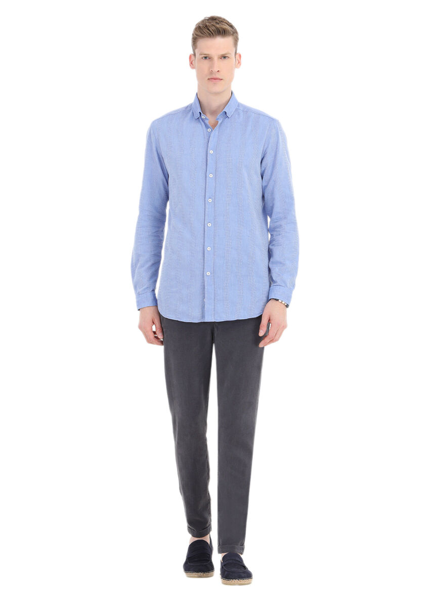 Koyu Mavi Çizgili Regular Fit Uzun Dokuma Casual %100 Pamuk Gömlek - 1