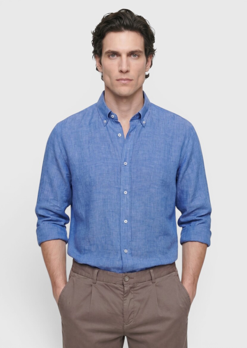 Koyu Mavi Düz Casual Fit Uzun Dokuma Casual %100 Keten Gömlek - RAMSEY