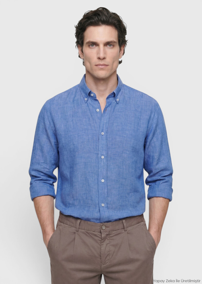 Koyu Mavi Düz Casual Fit Uzun Dokuma Casual %100 Keten Gömlek 