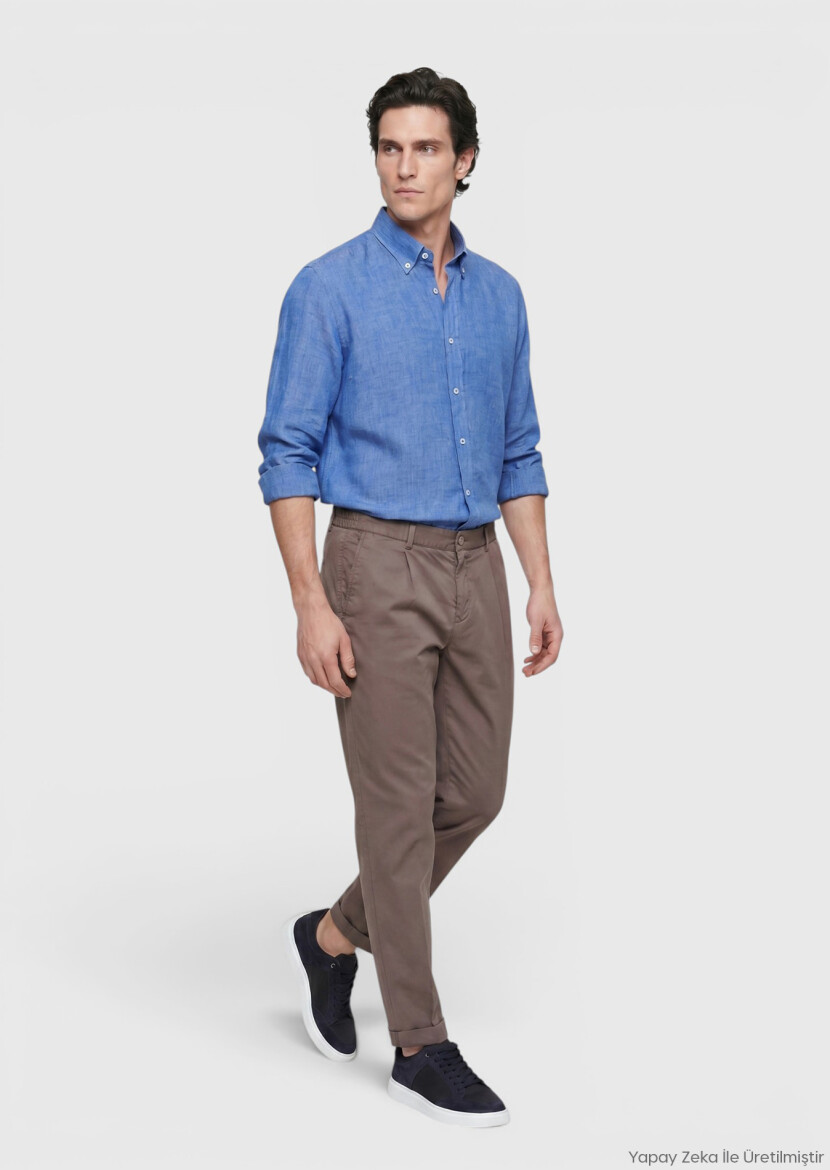 Koyu Mavi Düz Casual Fit Uzun Dokuma Casual %100 Keten Gömlek - RAMSEY