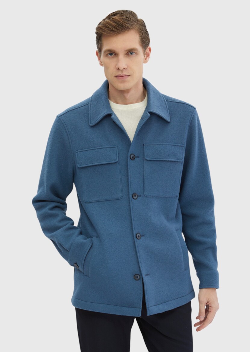 Koyu Mavi Düz Casual Fit Uzun Dokuma Yün Karışımlı Overshırt - 3