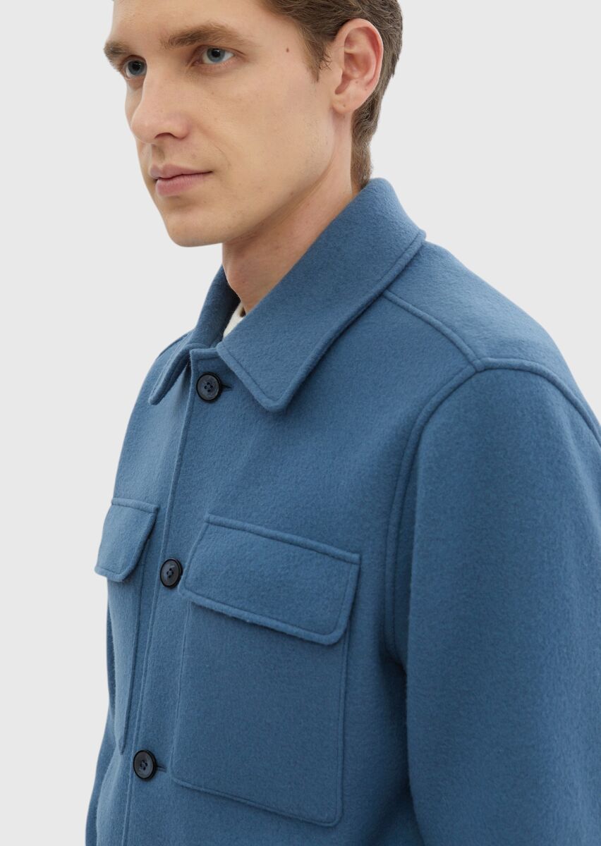 Koyu Mavi Düz Casual Fit Uzun Dokuma Yün Karışımlı Overshırt - 6