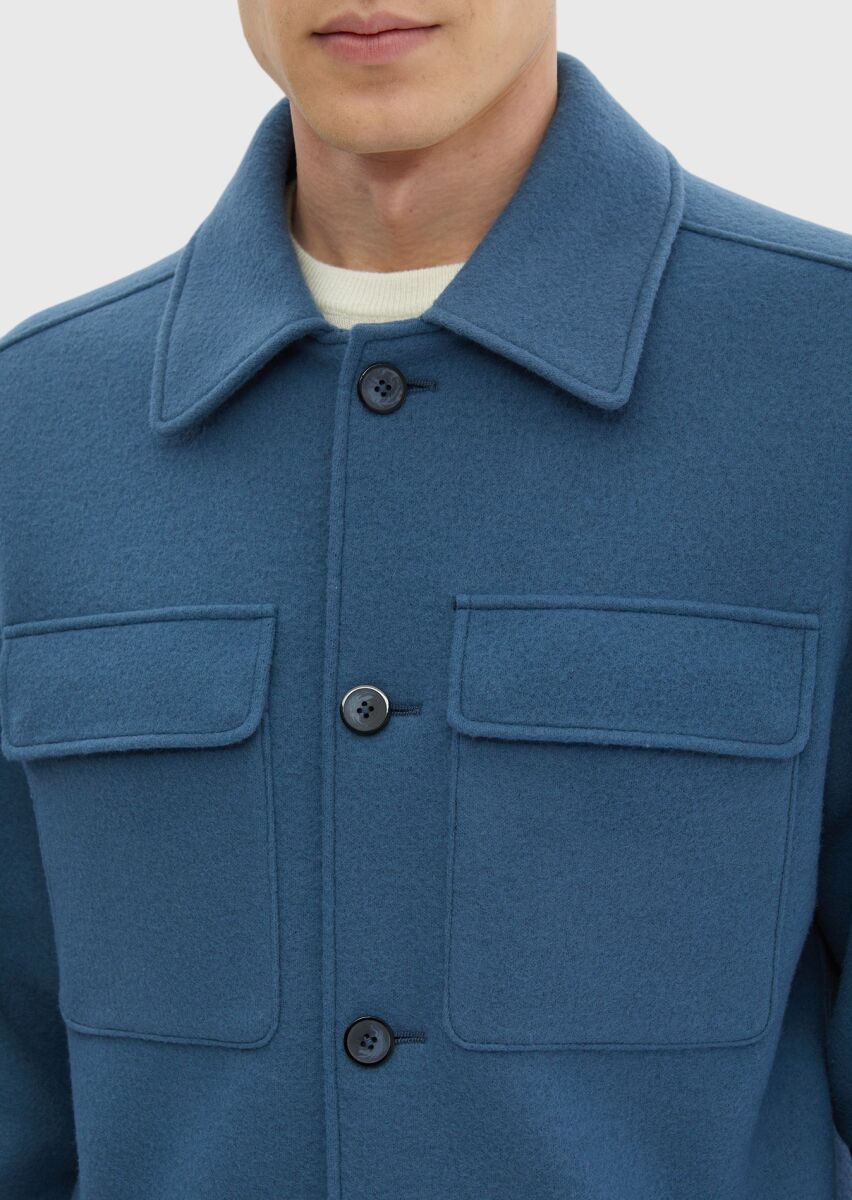 Koyu Mavi Düz Casual Fit Uzun Dokuma Yün Karışımlı Overshırt - 7