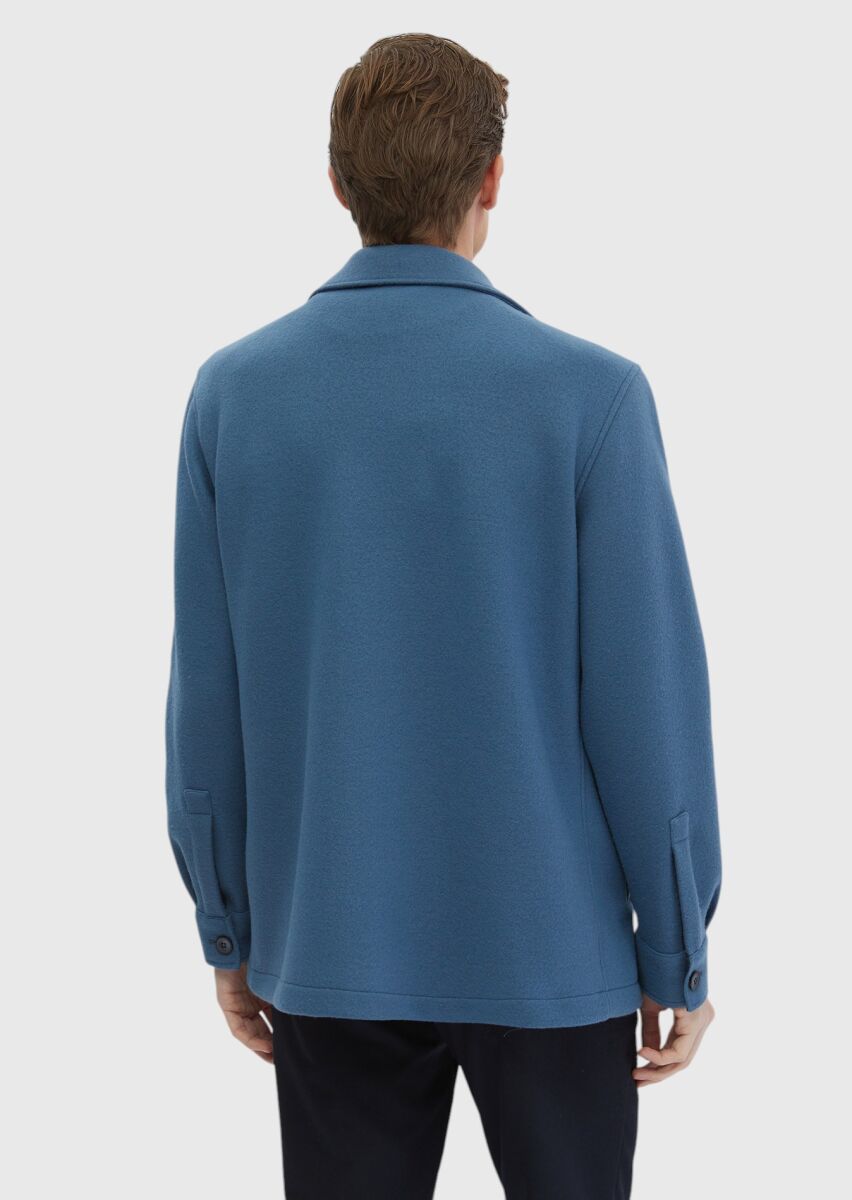 Koyu Mavi Düz Casual Fit Uzun Dokuma Yün Karışımlı Overshırt - 8