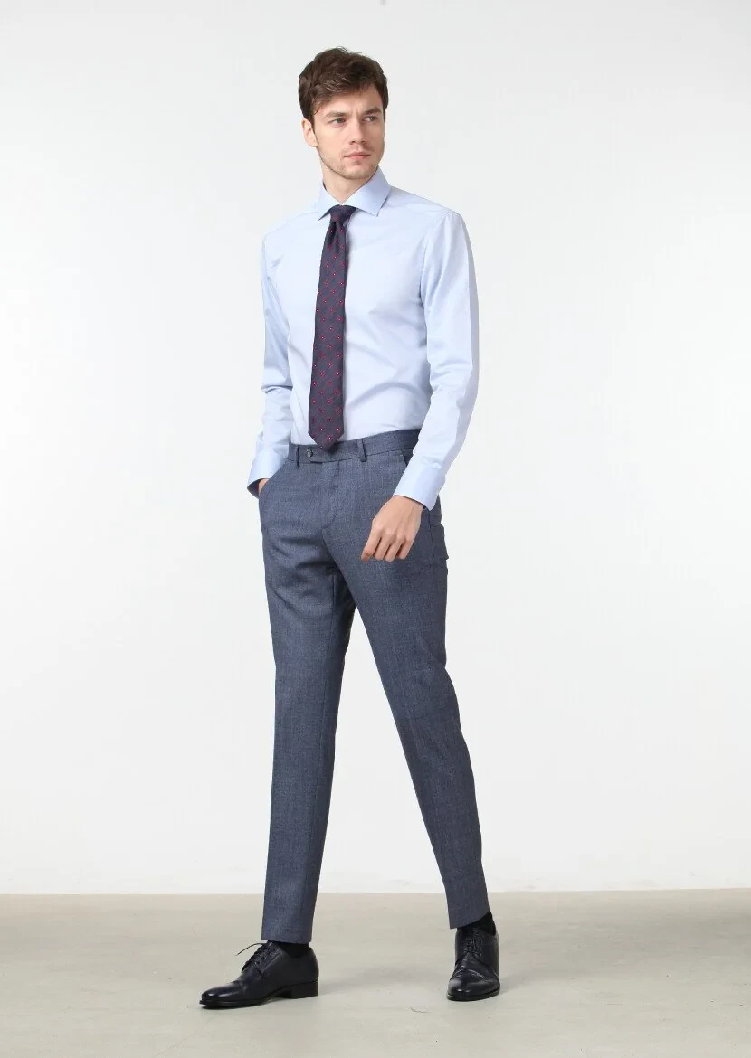 Koyu Mavi Düz Dokuma Dinamik Fit Klasik Yün Karışımlı Pantolon - 1
