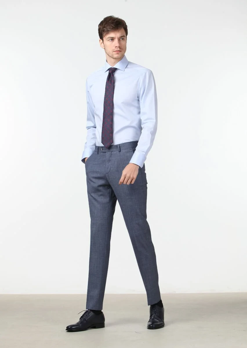 Koyu Mavi Düz Dokuma Dinamik Fit Klasik Yün Karışımlı Pantolon - 1