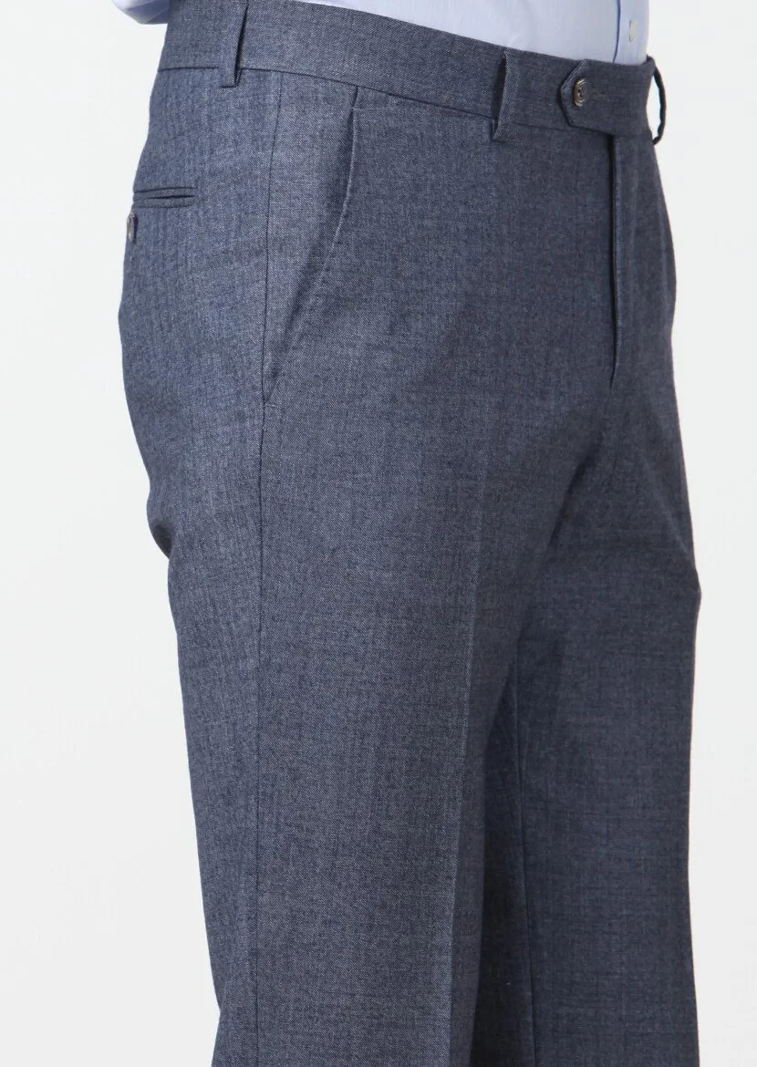 Koyu Mavi Düz Dokuma Dinamik Fit Klasik Yün Karışımlı Pantolon - 3