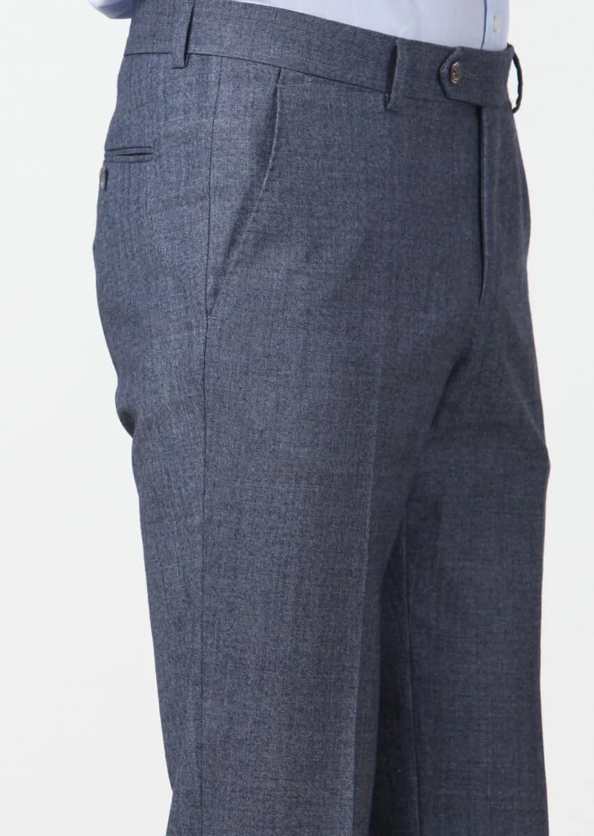 Koyu Mavi Düz Dokuma Dinamik Fit Klasik Yün Karışımlı Pantolon - 3