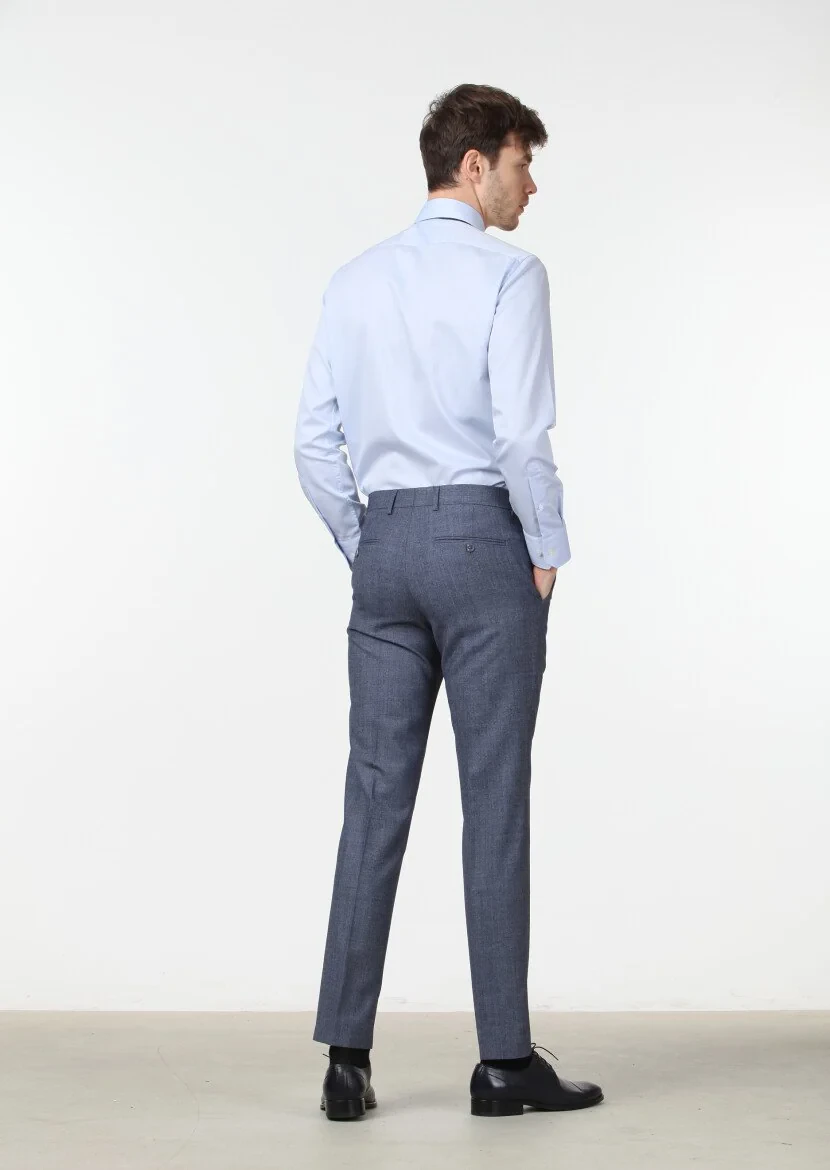 Koyu Mavi Düz Dokuma Dinamik Fit Klasik Yün Karışımlı Pantolon - 4
