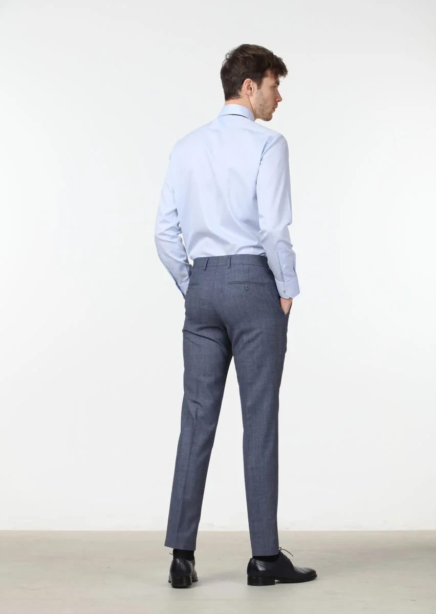 Koyu Mavi Düz Dokuma Dinamik Fit Klasik Yün Karışımlı Pantolon - 4