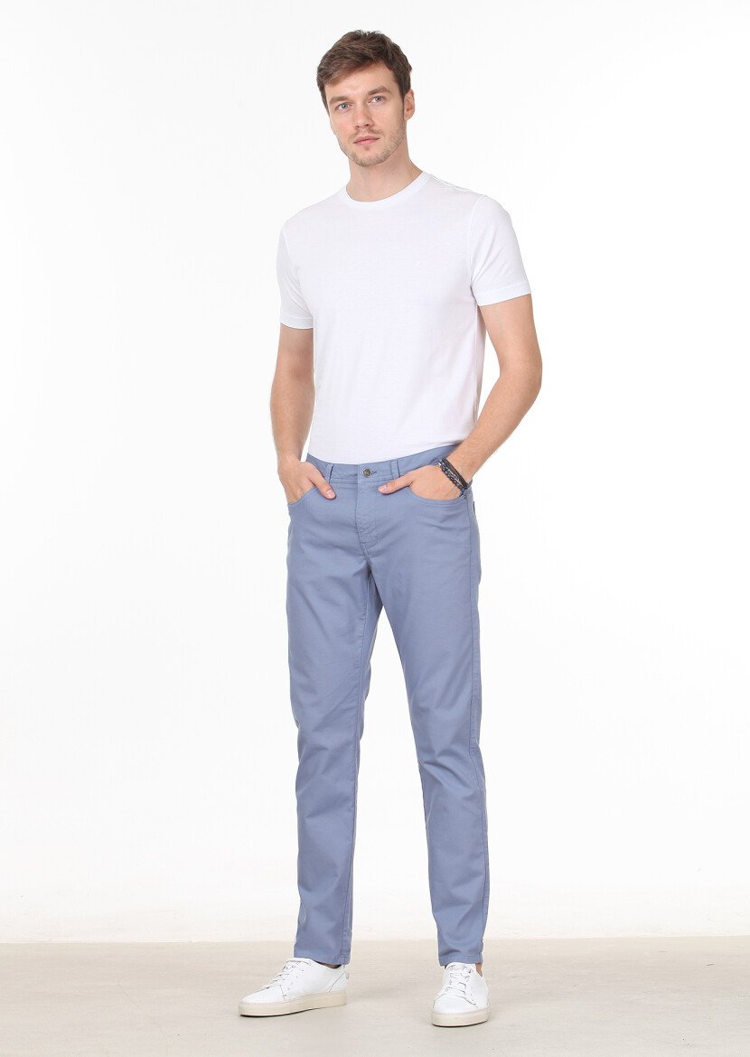 Koyu Mavi Düz Dokuma Slim Fit Casual Pamuk Karışımlı Pantolon - 1