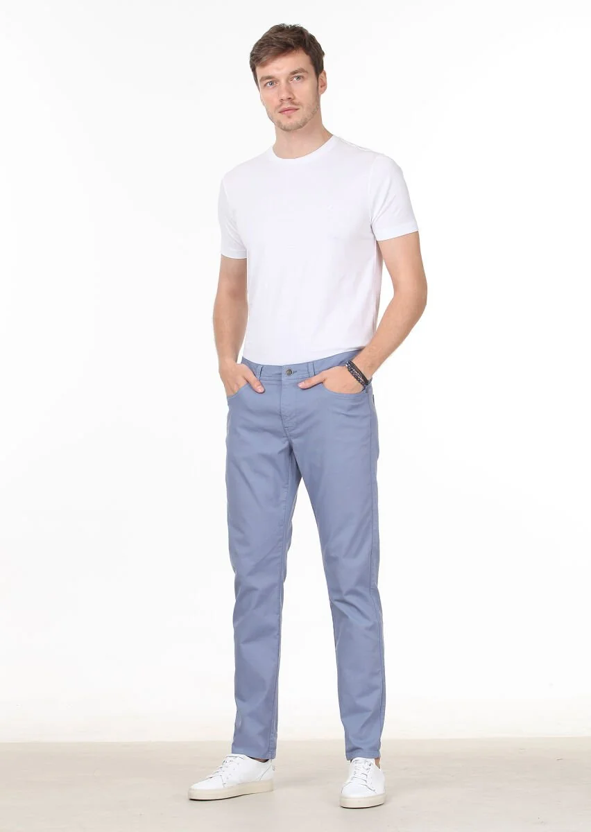 Koyu Mavi Düz Dokuma Slim Fit Casual Pamuk Karışımlı Pantolon - 1