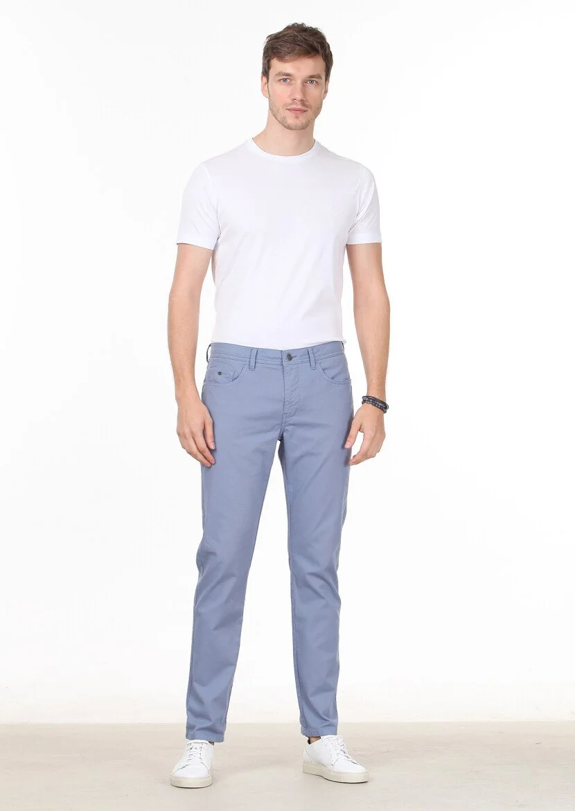 Koyu Mavi Düz Dokuma Slim Fit Casual Pamuk Karışımlı Pantolon - 2