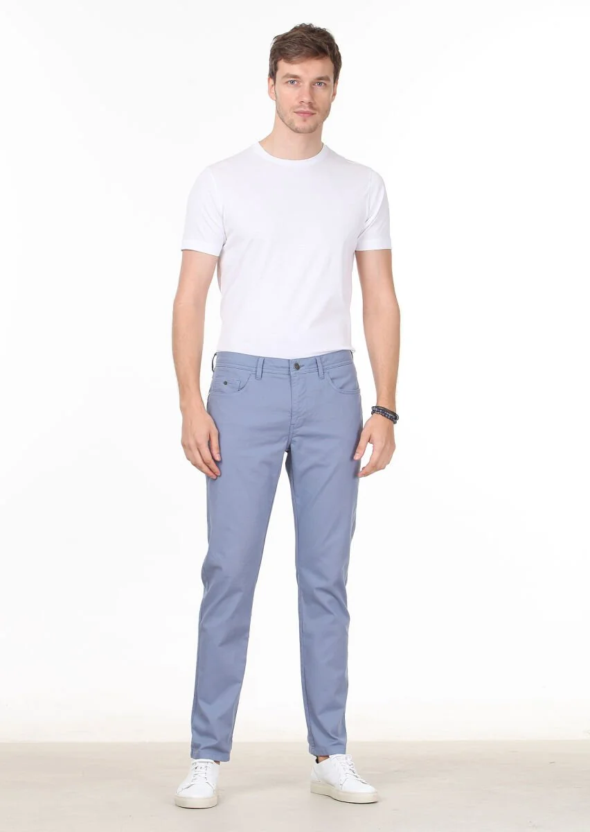 Koyu Mavi Düz Dokuma Slim Fit Casual Pamuk Karışımlı Pantolon - 2