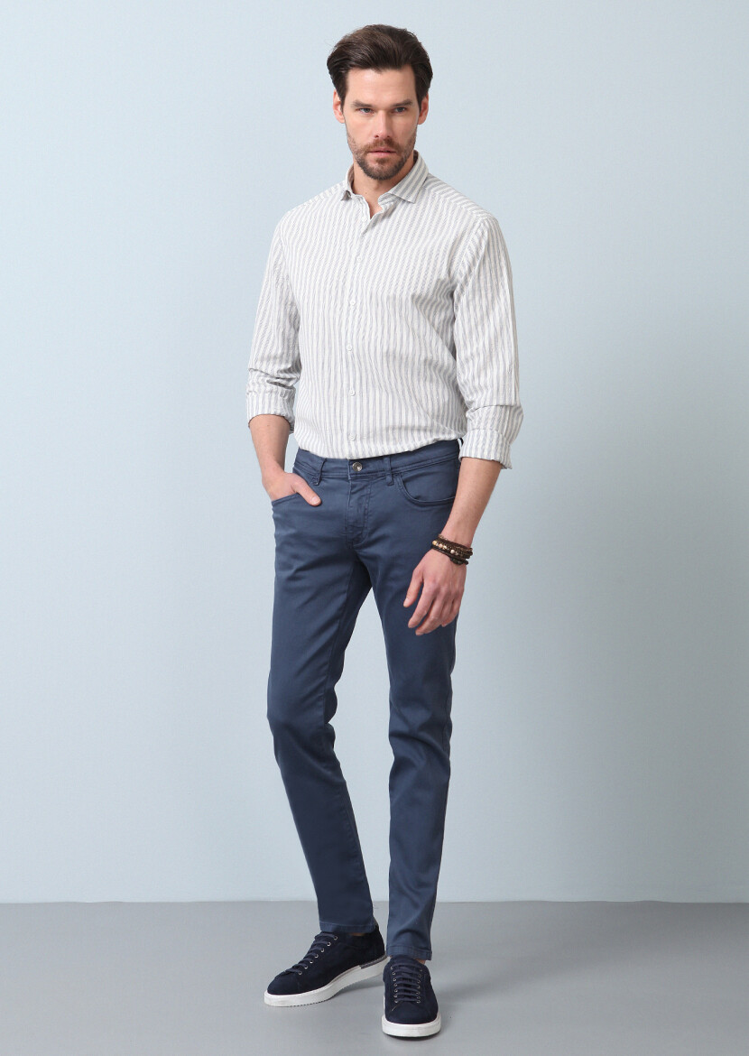 Koyu Mavi Düz Dokuma Slim Fit Casual Pamuk Karışımlı Pantolon 