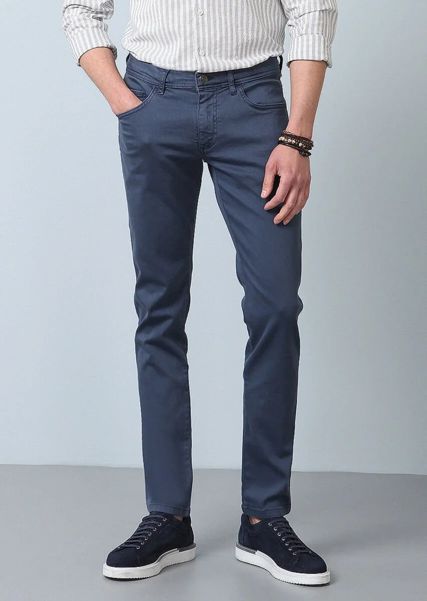 Koyu Mavi Düz Dokuma Slim Fit Casual Pamuk Karışımlı Pantolon - 1