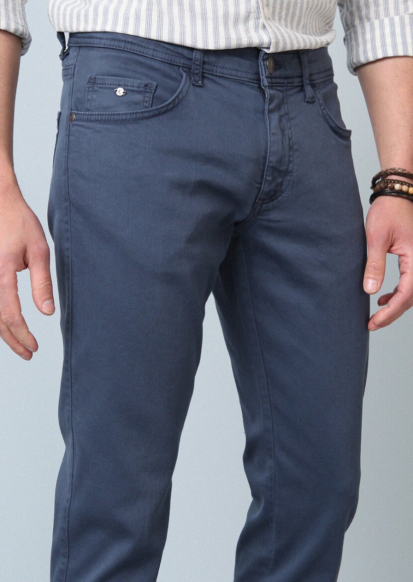 Koyu Mavi Düz Dokuma Slim Fit Casual Pamuk Karışımlı Pantolon - 3