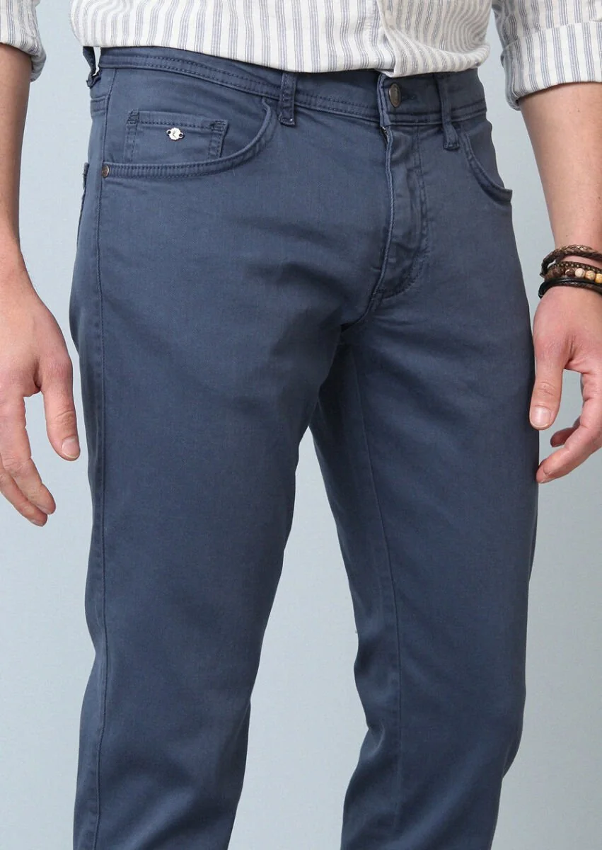 Koyu Mavi Düz Dokuma Slim Fit Casual Pamuk Karışımlı Pantolon - 3