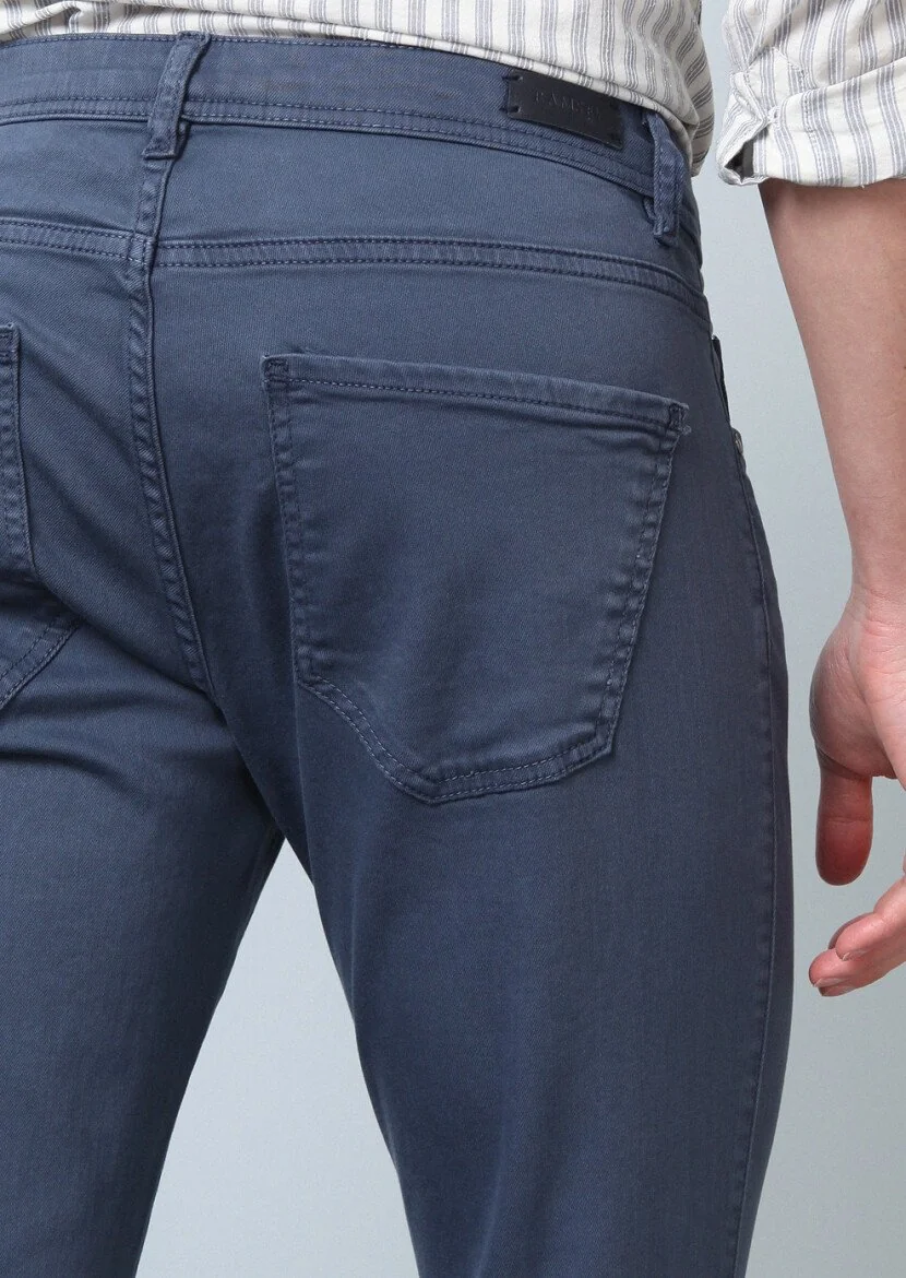 Koyu Mavi Düz Dokuma Slim Fit Casual Pamuk Karışımlı Pantolon - 5