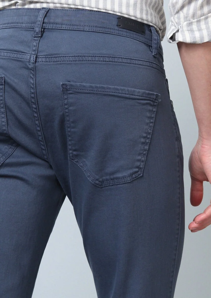 Koyu Mavi Düz Dokuma Slim Fit Casual Pamuk Karışımlı Pantolon - 5