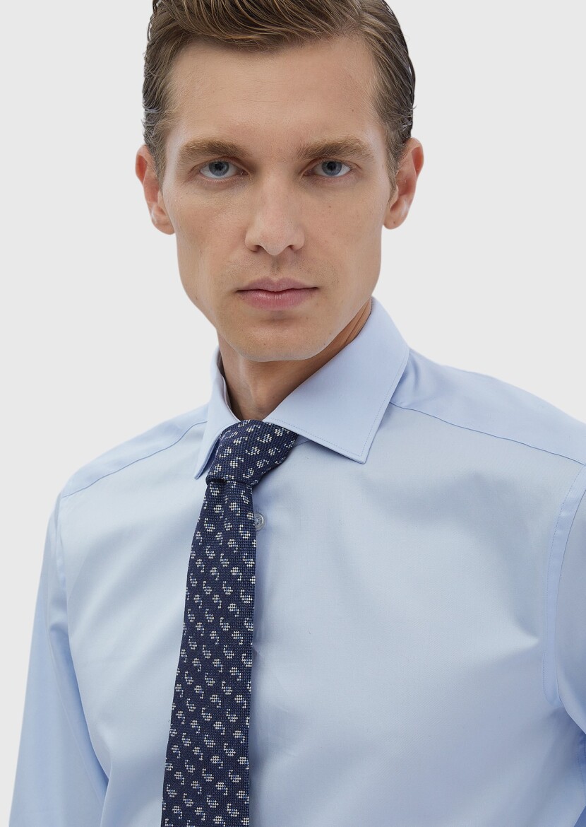 Koyu Mavi Düz Regular Fit Uzun Dokuma Klasik %100 Pamuk Gömlek - 3