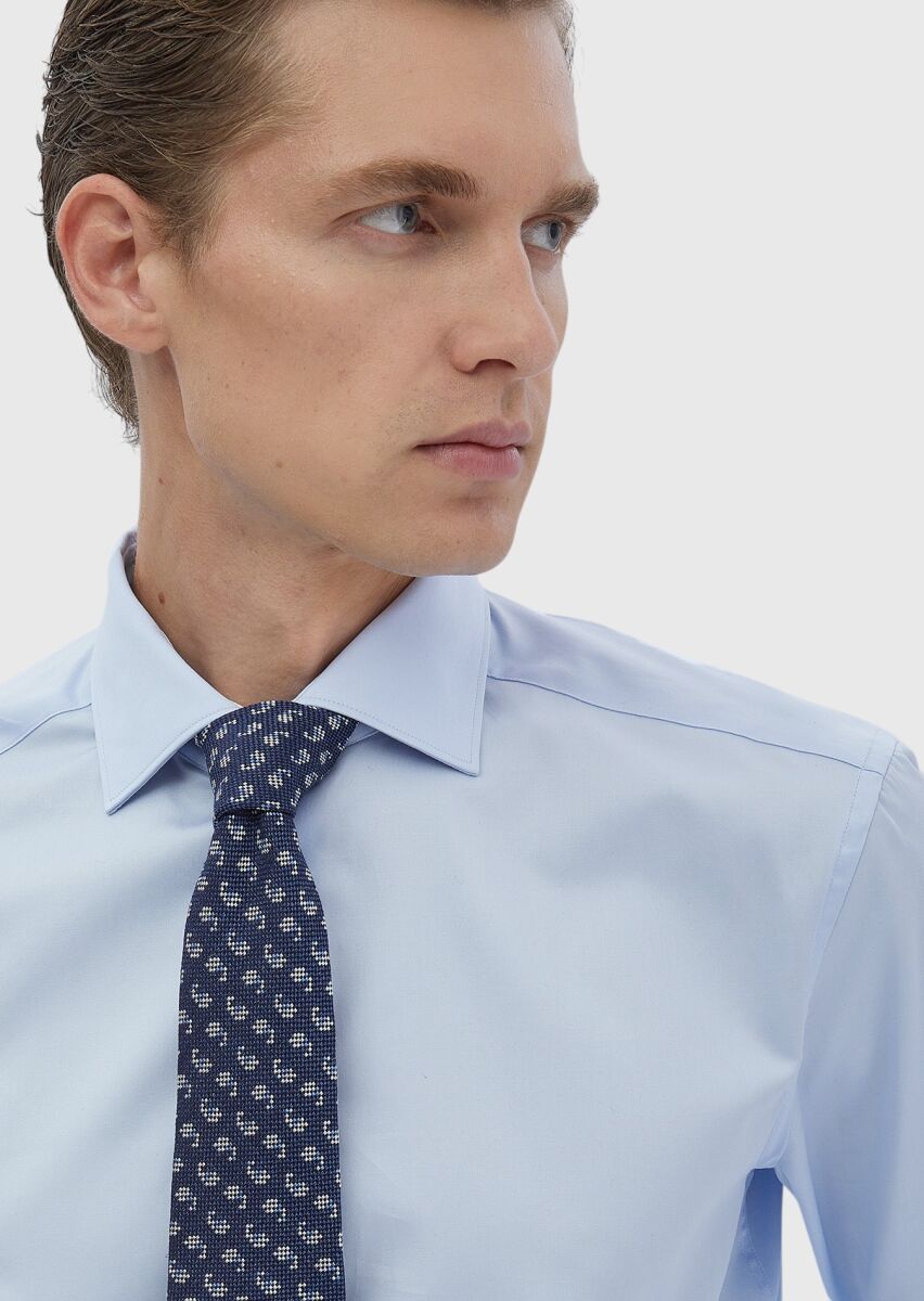 Koyu Mavi Düz Regular Fit Uzun Dokuma Klasik %100 Pamuk Gömlek - 4