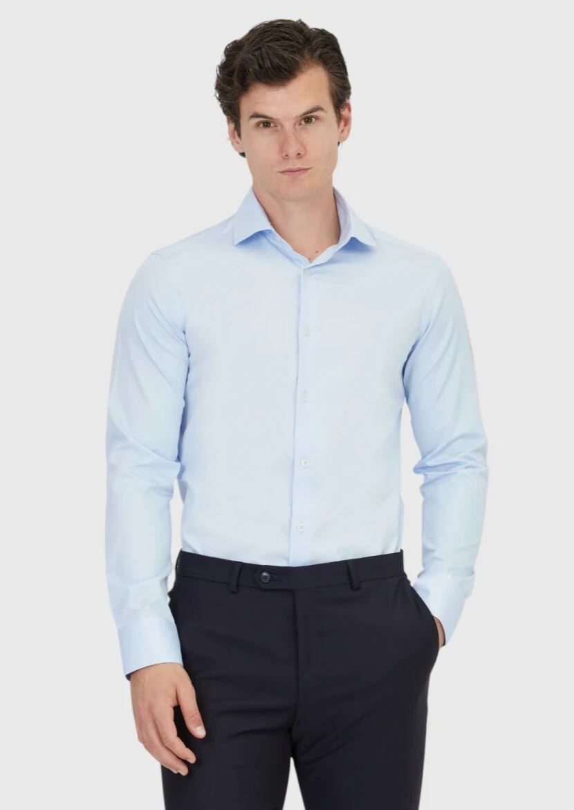 Koyu Mavi Düz Slim Fit Dokuma Klasik %100 Pamuk Gömlek - 1