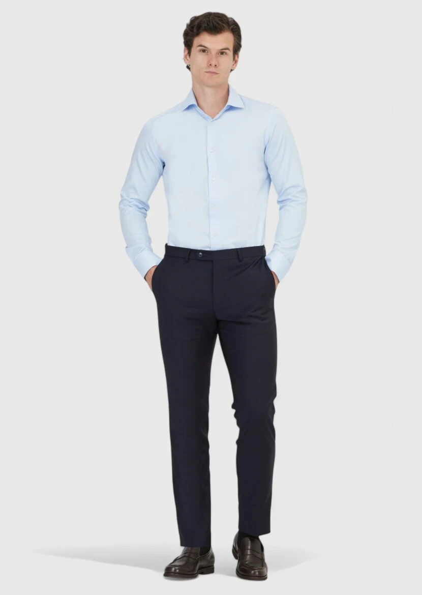 Koyu Mavi Düz Slim Fit Dokuma Klasik %100 Pamuk Gömlek 