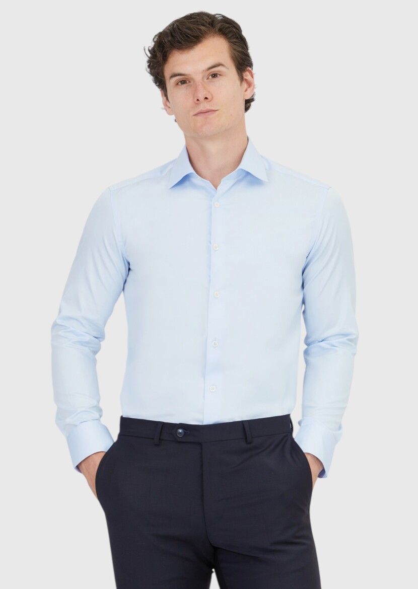 Koyu Mavi Düz Slim Fit Dokuma Klasik %100 Pamuk Gömlek 