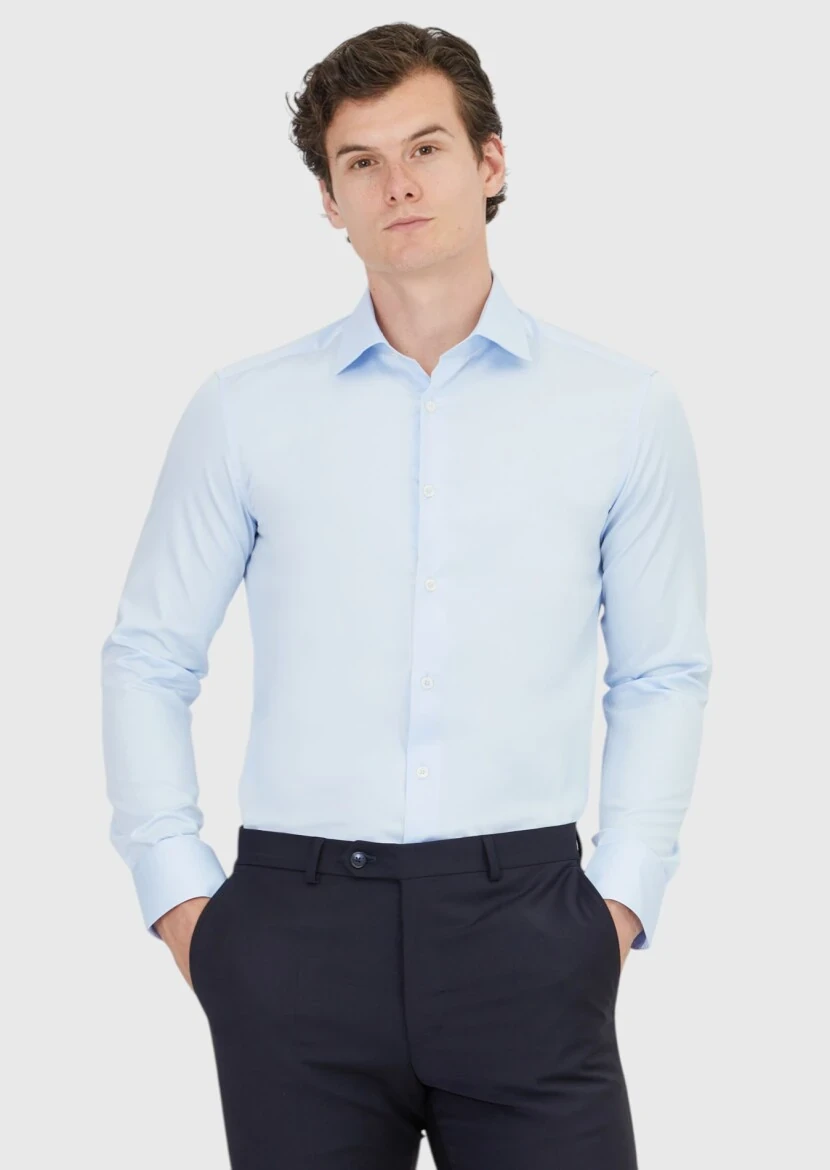 Koyu Mavi Düz Slim Fit Dokuma Klasik %100 Pamuk Gömlek - 1