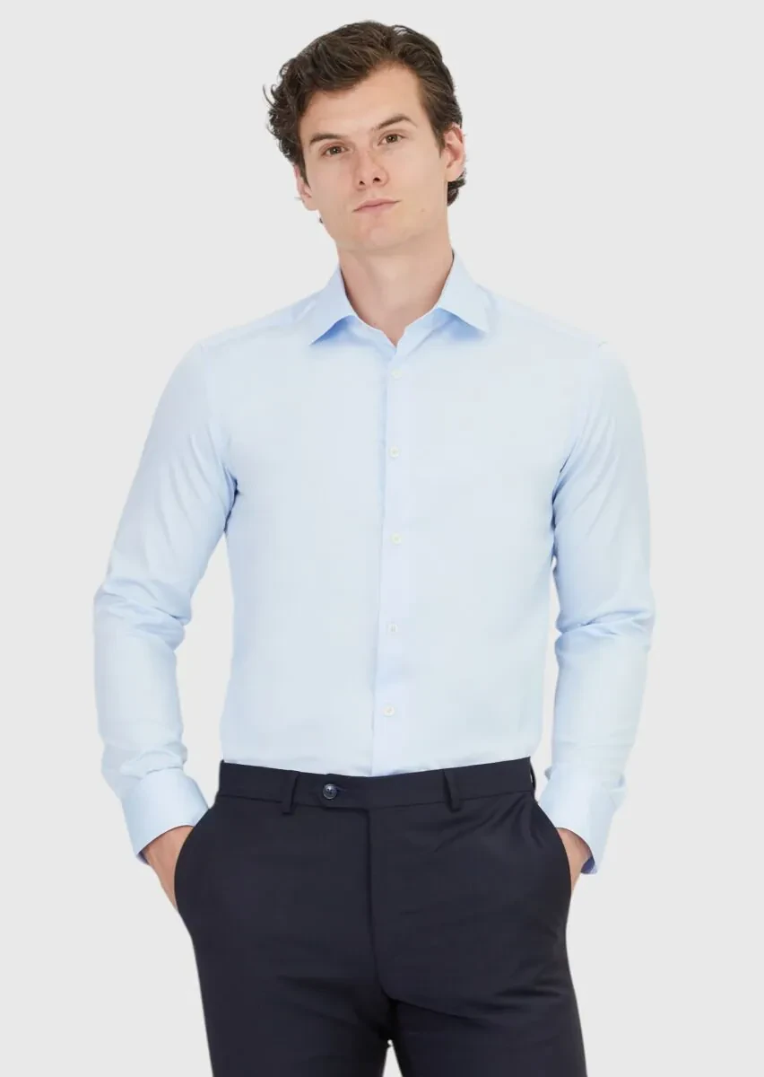 Koyu Mavi Düz Slim Fit Dokuma Klasik %100 Pamuk Gömlek - 1
