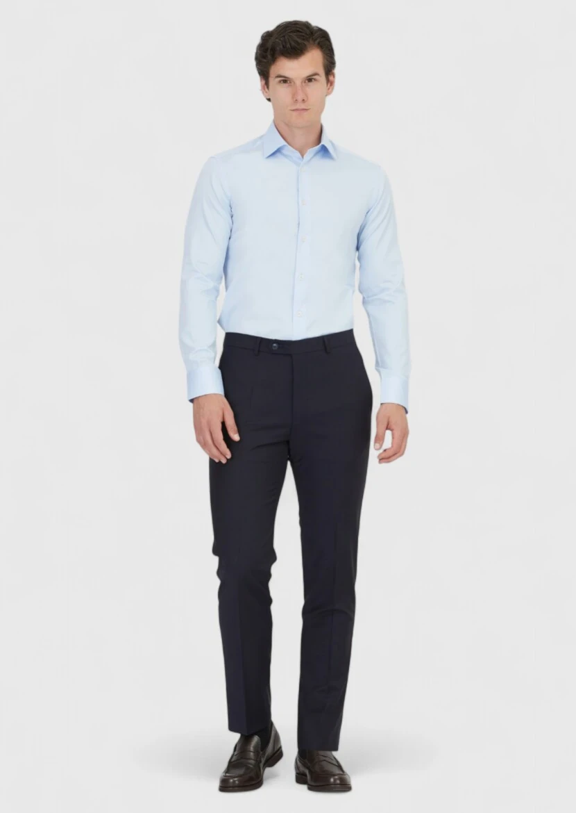 Koyu Mavi Düz Slim Fit Dokuma Klasik %100 Pamuk Gömlek 