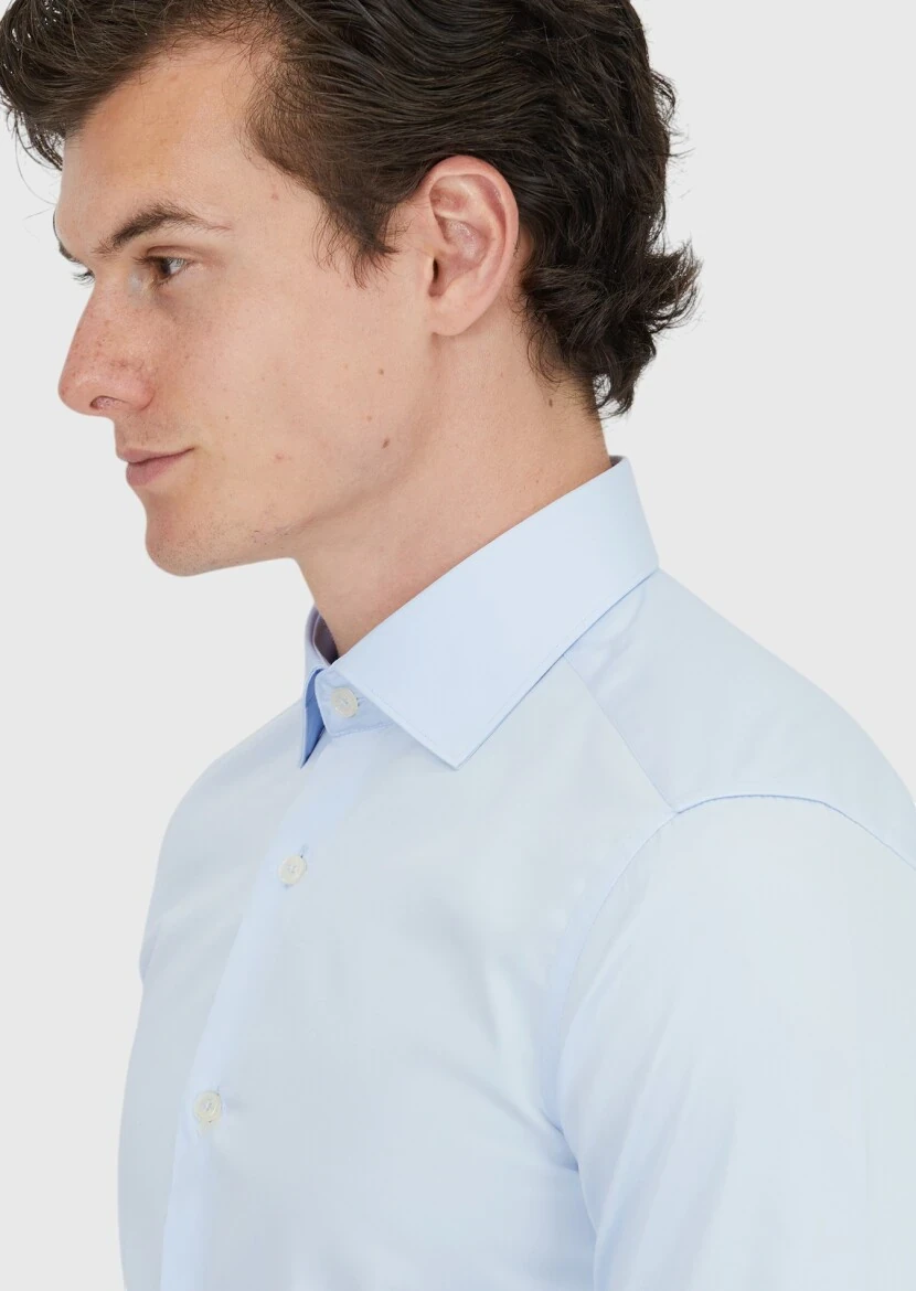 Koyu Mavi Düz Slim Fit Dokuma Klasik %100 Pamuk Gömlek - 3