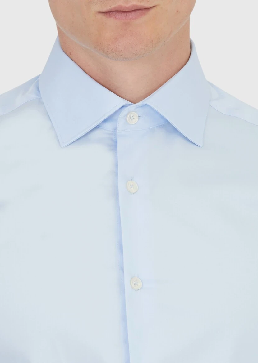 Koyu Mavi Düz Slim Fit Dokuma Klasik %100 Pamuk Gömlek - 4
