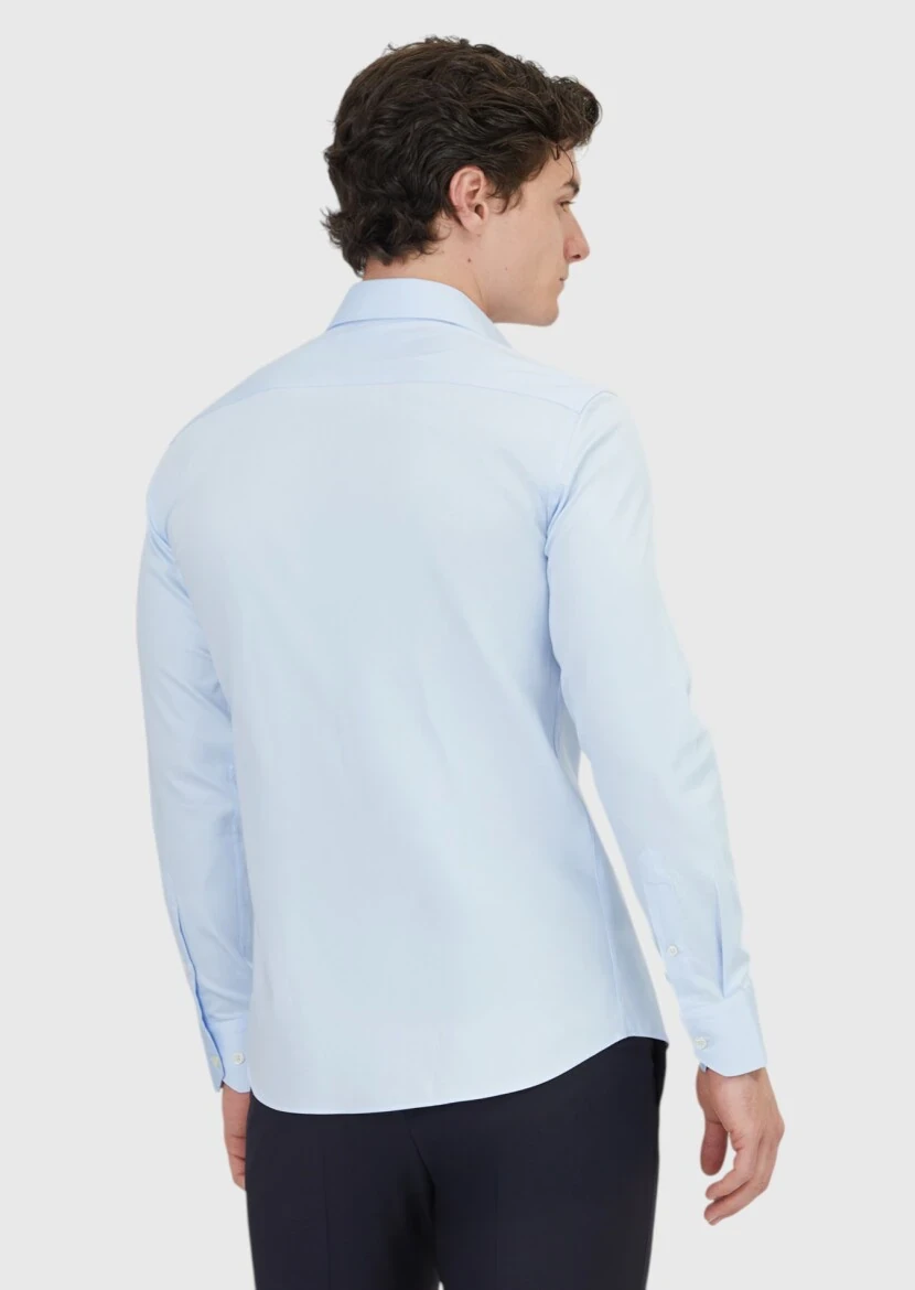 Koyu Mavi Düz Slim Fit Dokuma Klasik %100 Pamuk Gömlek - 5