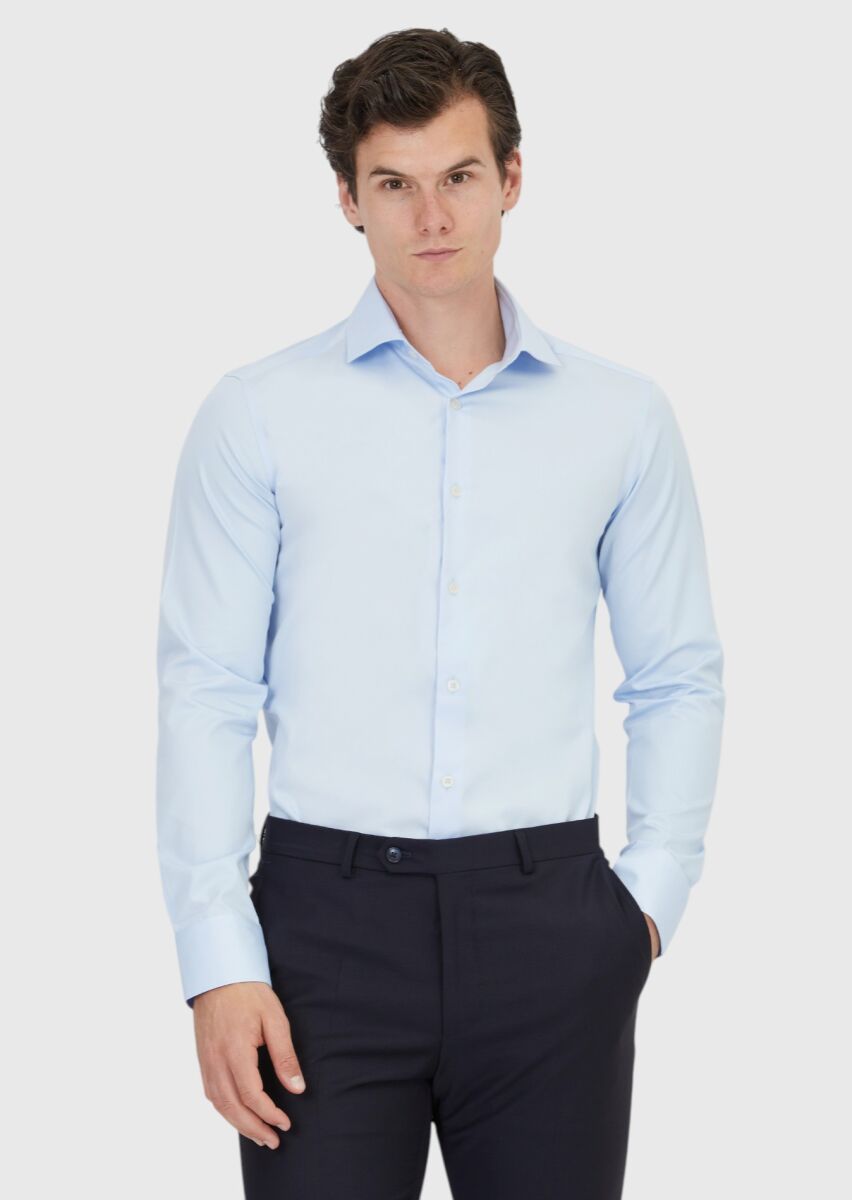 RAMSEY Koyu Mavi Düz Slim Fit Uzun Dokuma Klasik %100 Pamuk Gömlek
