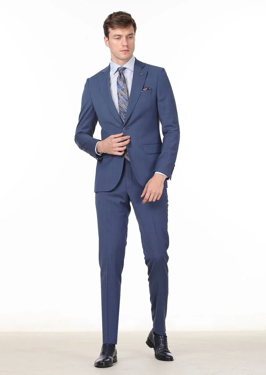 Koyu Mavi Düz Thin&taller Slim Fit Yün Karışımlı Takım Elbise - 1