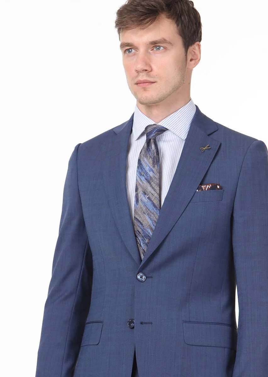 Koyu Mavi Düz Thin&taller Slim Fit Yün Karışımlı Takım Elbise - 2