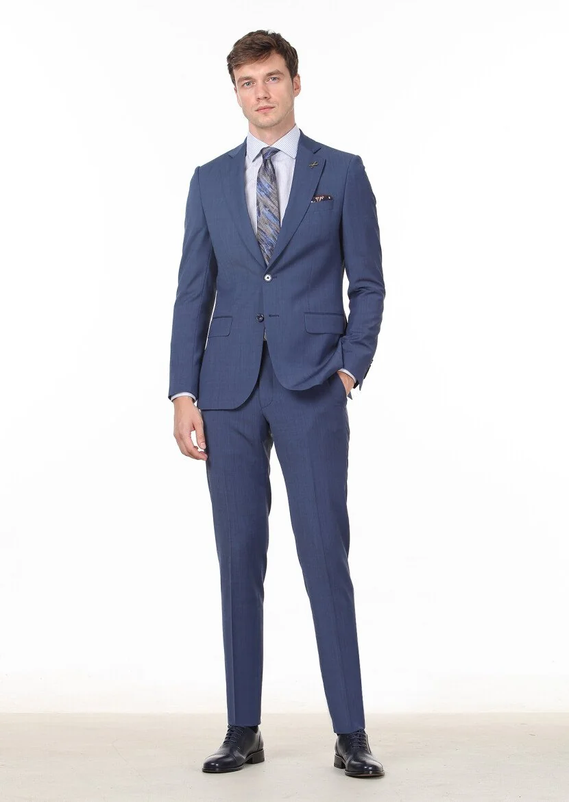 Koyu Mavi Düz Thin&taller Slim Fit Yün Karışımlı Takım Elbise - 3