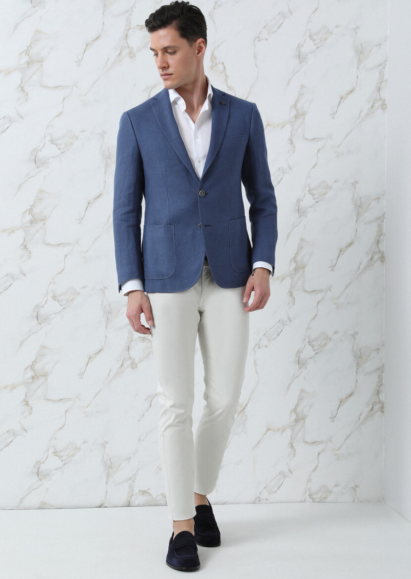 Koyu Mavi Düz Zeroweight Slim Fit %100 Keten Ceket - 1