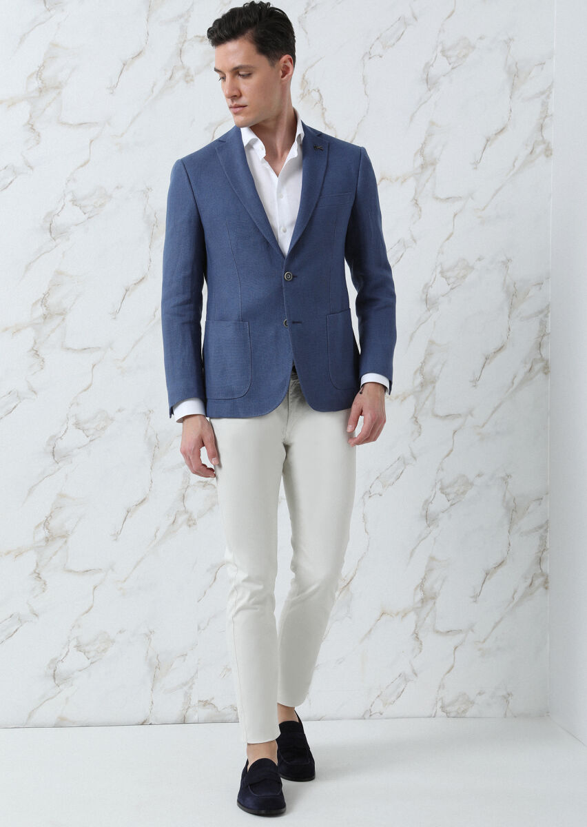 Koyu Mavi Düz Zeroweight Slim Fit %100 Keten Ceket - 1