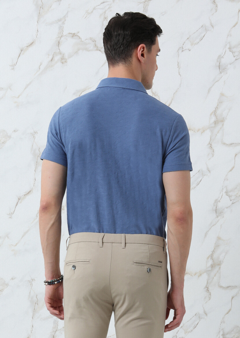 Koyu Mavi Jakarlı Polo Yaka %100 Pamuk T-Shirt - 5