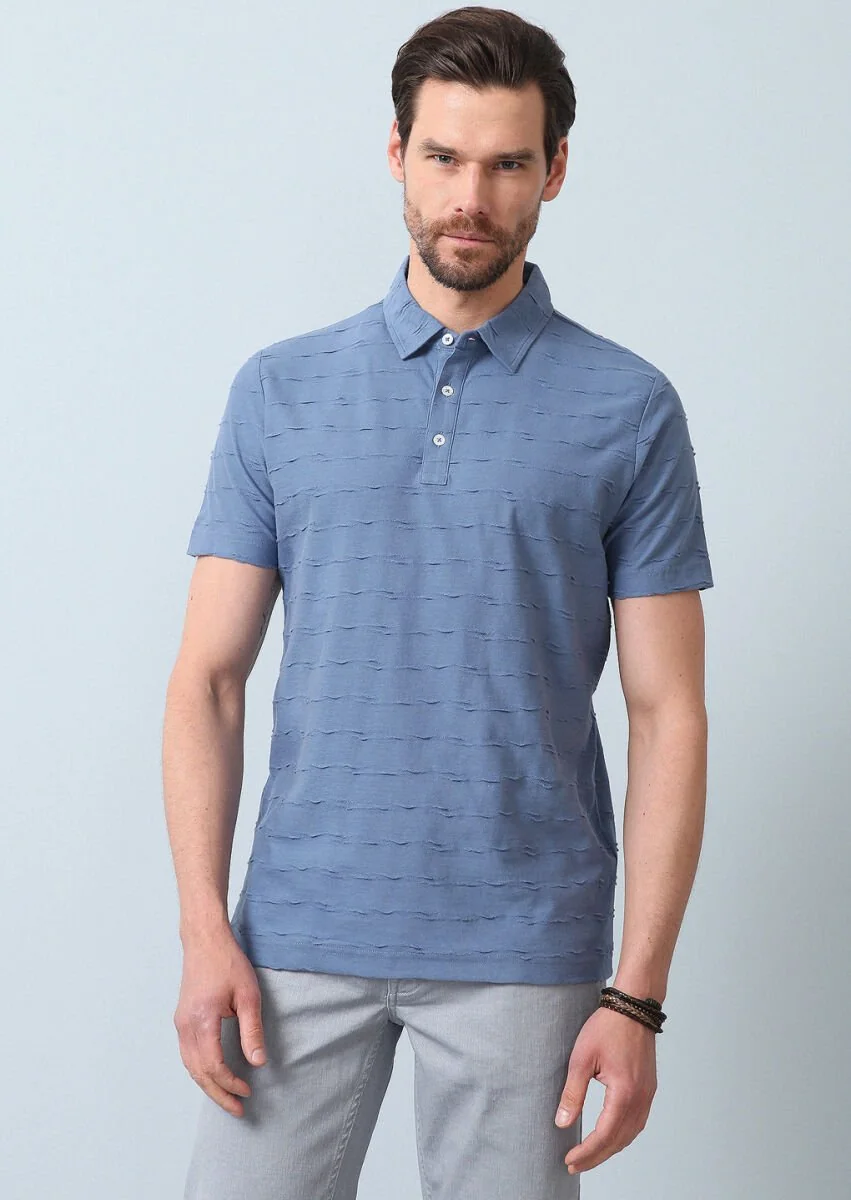 Koyu Mavi Jakarlı Polo Yaka %100 Pamuk T-Shirt - 2