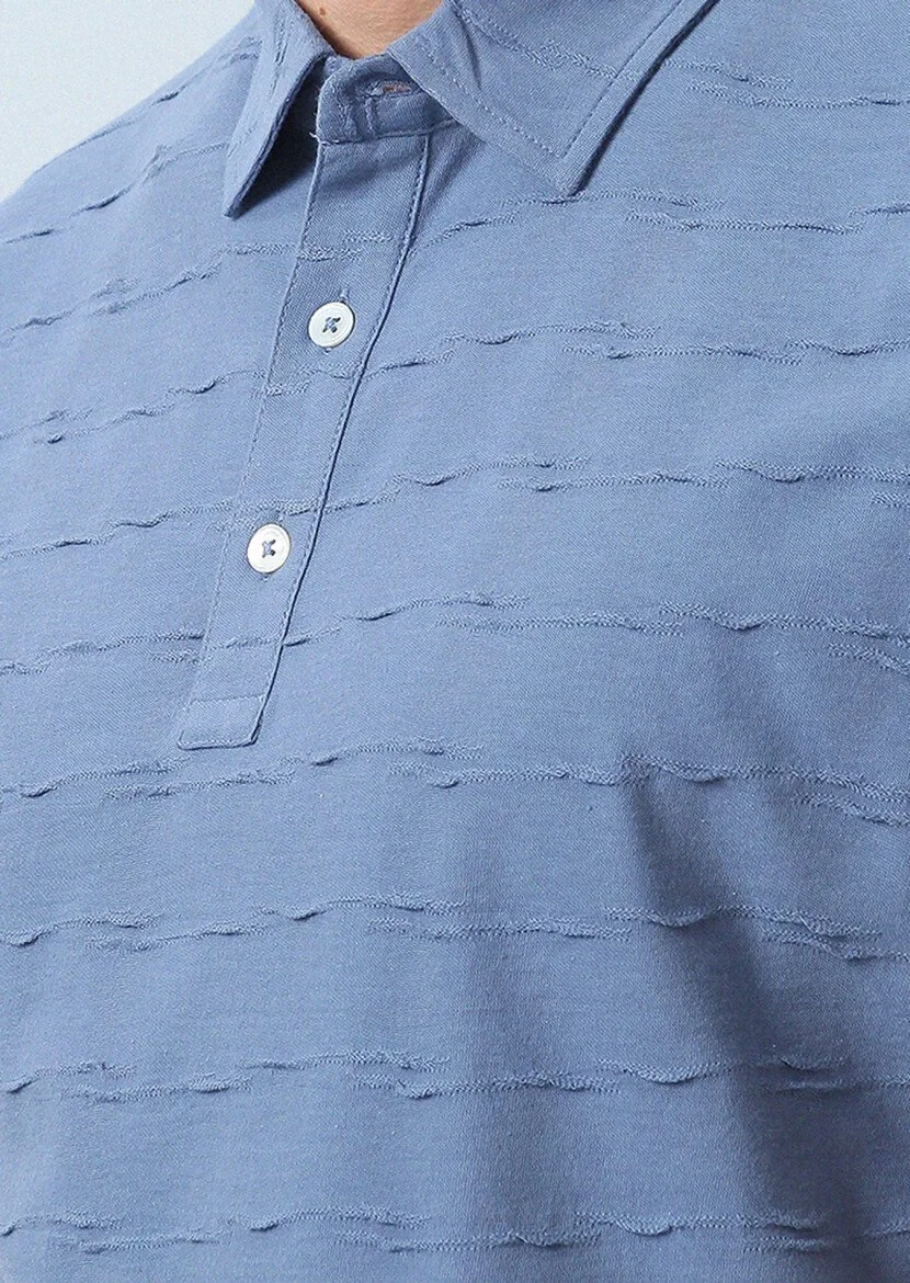 Koyu Mavi Jakarlı Polo Yaka %100 Pamuk T-Shirt - 3