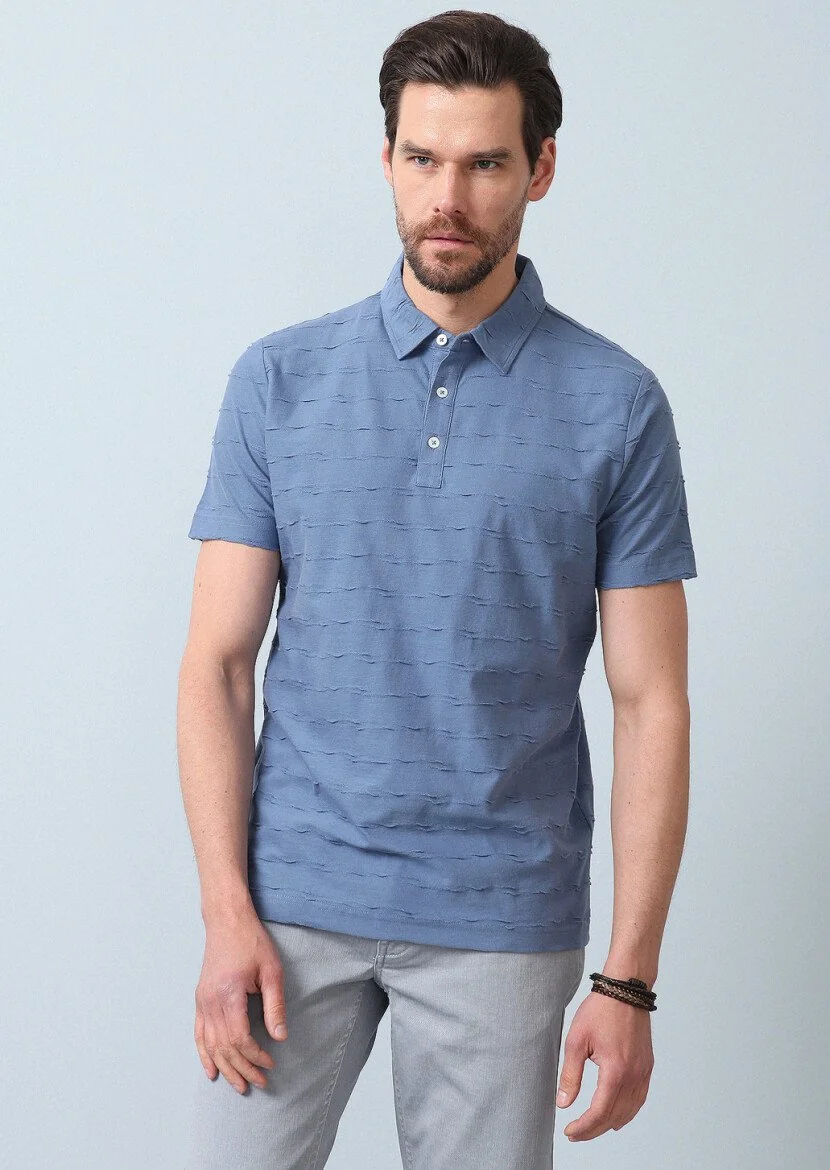 Koyu Mavi Jakarlı Polo Yaka %100 Pamuk T-Shirt - 5