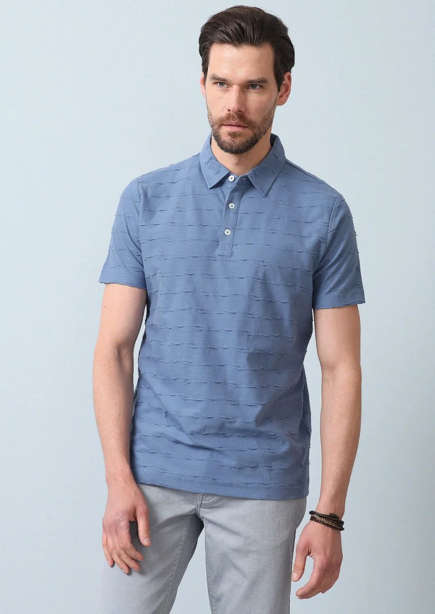 Koyu Mavi Jakarlı Polo Yaka %100 Pamuk T-Shirt - 5